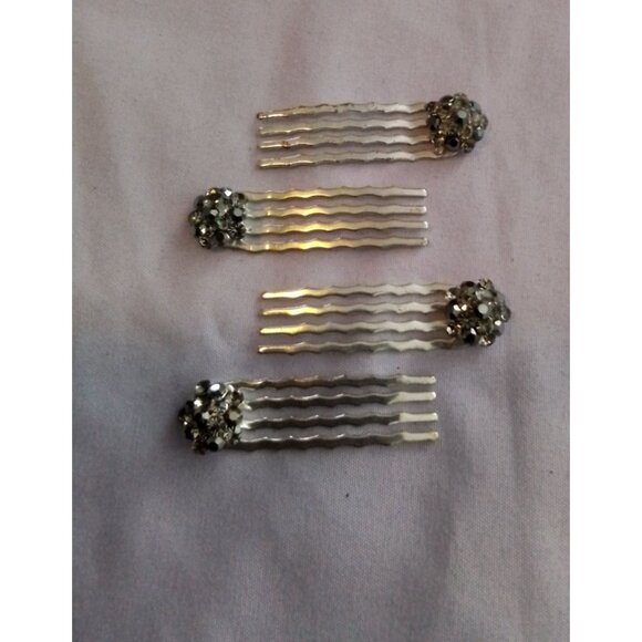 Set Of 4 Vintage Silver Tone Metal Hair Pins Combs With Rhinestone Floral Design - Picture 2 of 3